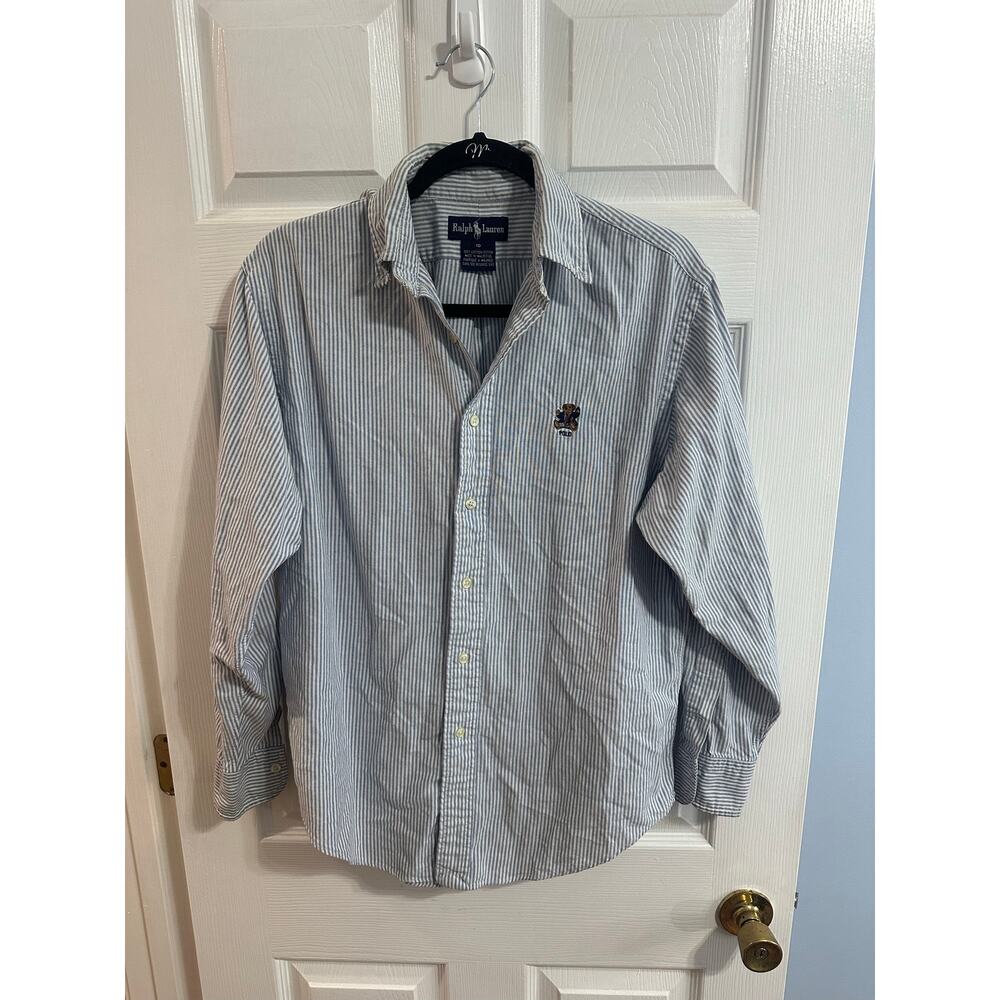Polo Ralph Lauren Polo Bear Button Up Shirt Y2K Wmn Sz 10 Blue White Stripe - Picture 3 of 7